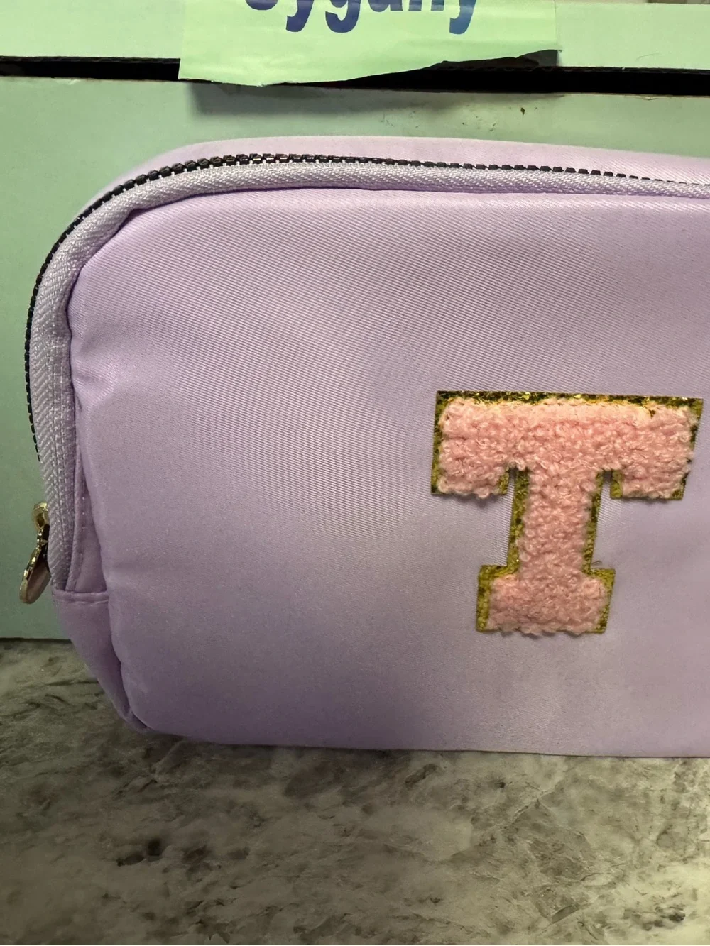 Lavender Cosmetic Pouch with Pink 'T' Accent
